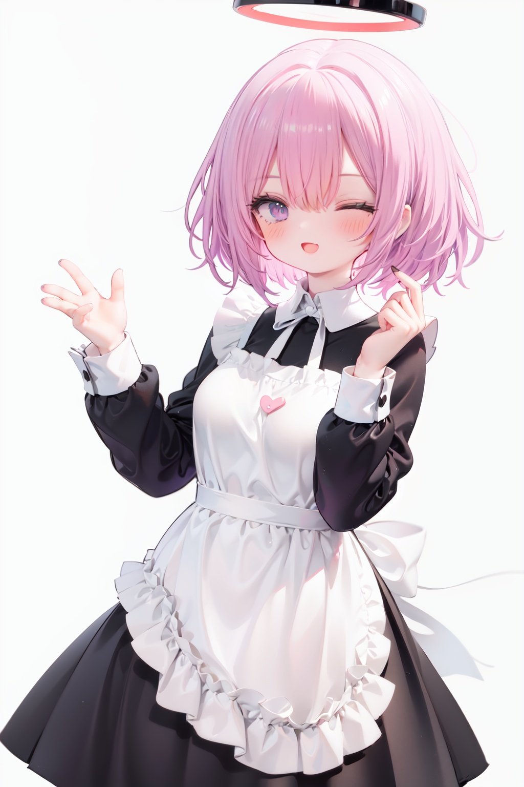  1girl, solo, apron, halo, hair over one eye, closed eyes, smile, white background, dress, white apron, simple background, long sleeves, multicolored hair, braid, open mouth, blue hair, alternate costume, blush, bangs, :d, pink hair, black dress, ribbon, frilled dress, enmaided, short hair, hand up, colored inner hair