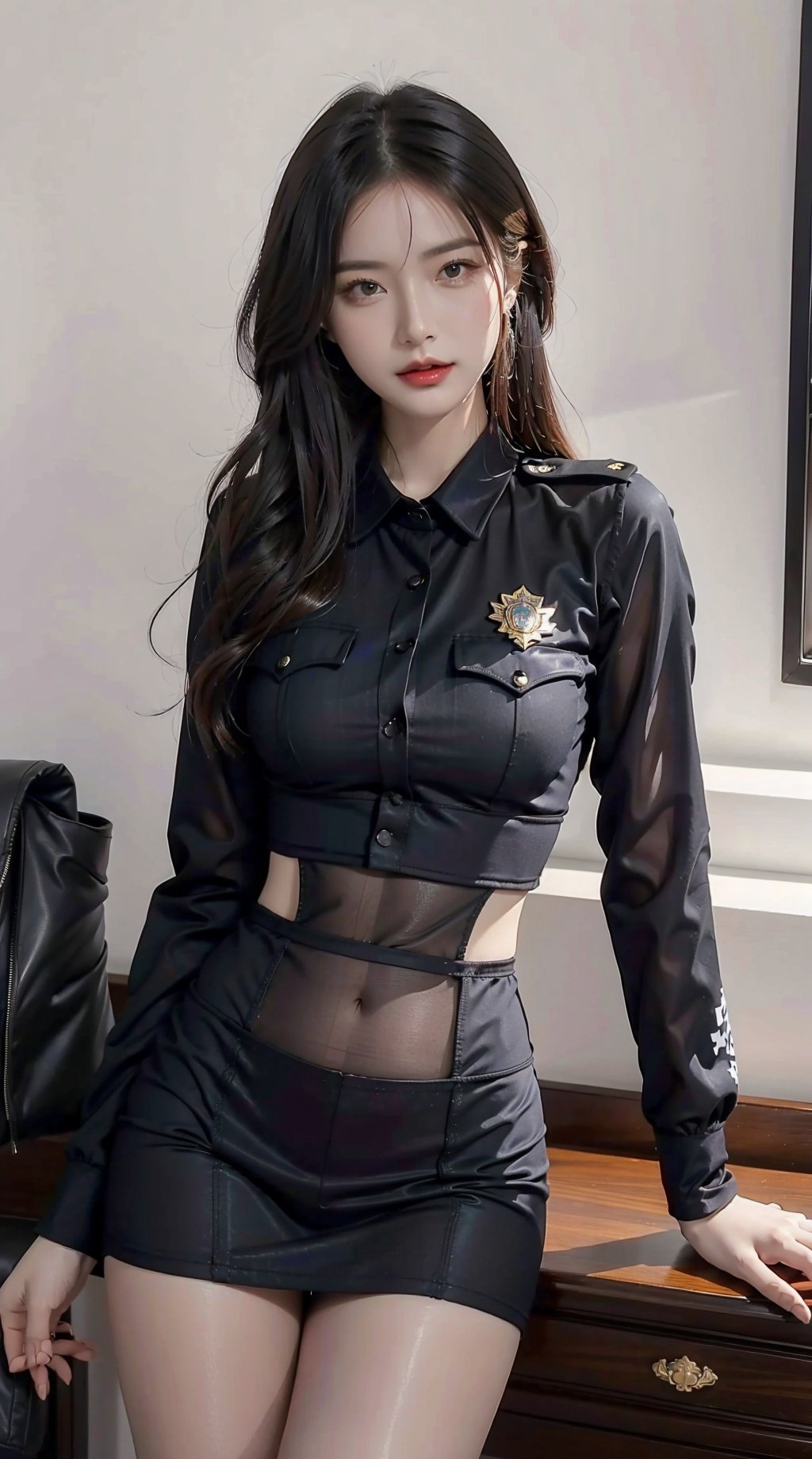  High quality, masterpiece, 1 girl, 
(Tight black police uniform: 1.3), supermodel purple, Sexy thighs, black silk belly,