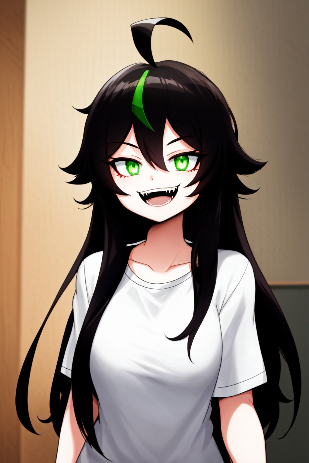 best quality,1girl, long black hair, big ahoge, green eyes, smile, fangs, long white t-shirt, indoors, laboratory, sci-fi, futuristic, looking at viewer, upper body, cinematic lighting