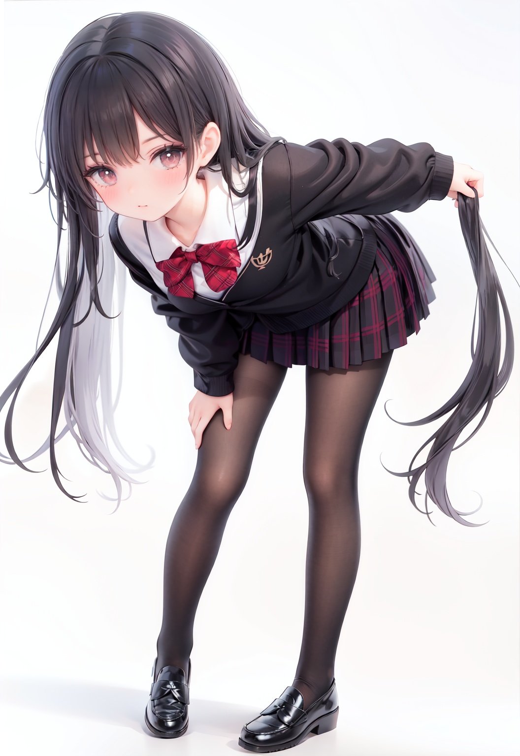  1girl, solo, pantyhose, skirt, long hair, loafers, shoes, simple background, school uniform, brown eyes, plaid, black pantyhose, plaid skirt, looking at viewer, black hair, pantyhose pull, full body, clothes pull, black footwear, pleated skirt, leaning forward, bangs, long sleeves, bent over, cardigan, bow, bowtie, standing, closed mouth, pulled by self, grey background, blush, miniskirt, red bow, sweater, undressing