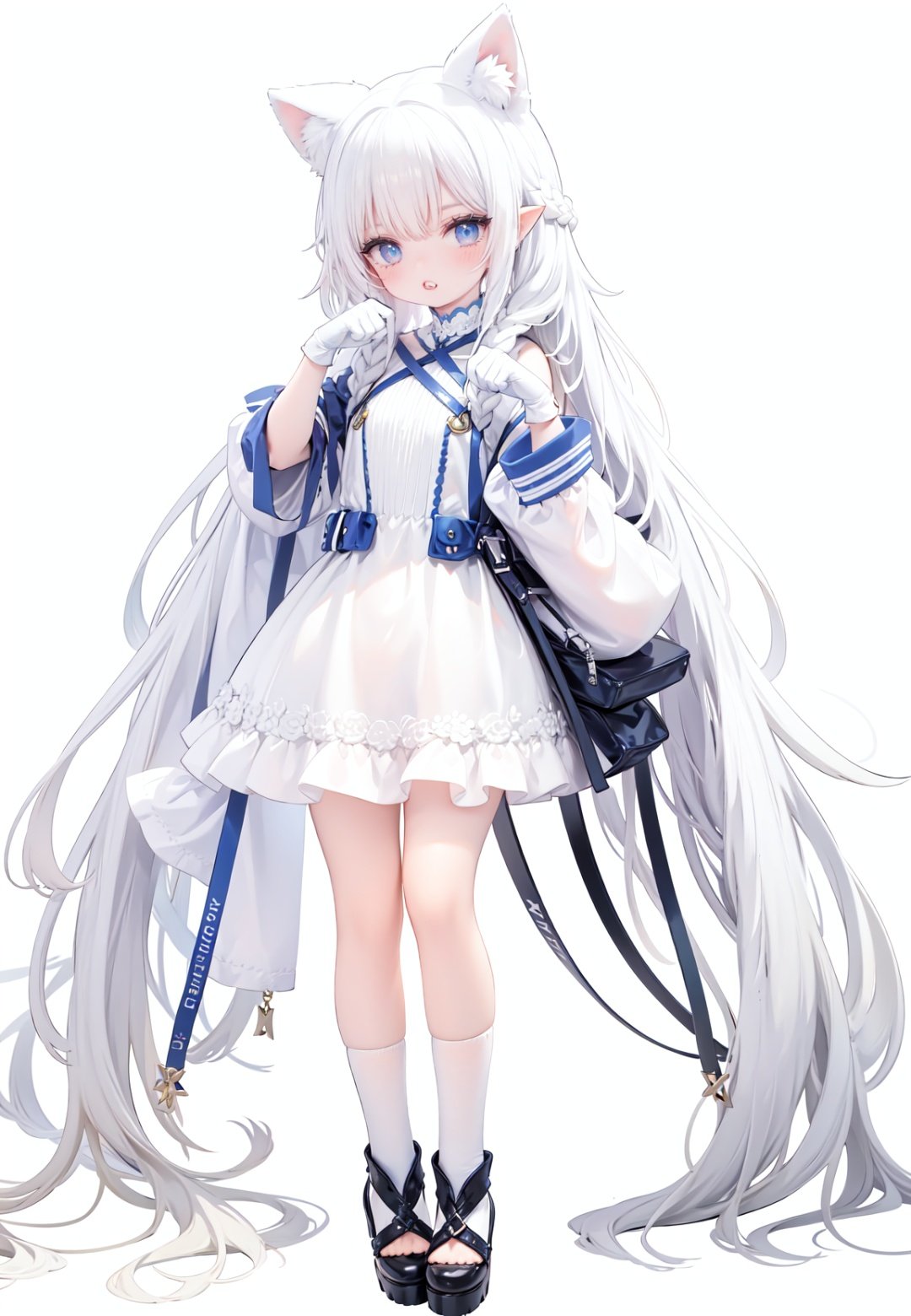  1girl, white_gloves, braid, full_body, gloves, long_hair, official_alternate_costume, pointy_ears, simple_background, solo, standing, very_long_hair, white_background, white hair, blue eyes, paw claw pose, open_mouth