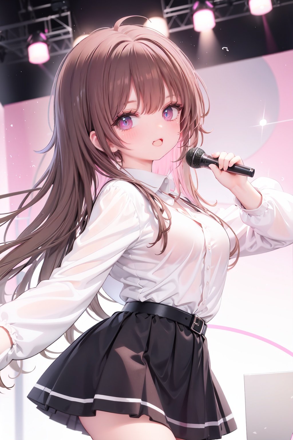  1girl, solo, microphone, smile, skirt, blush, brown eyes, long hair, open mouth, looking at viewer, brown hair, long sleeves, :d, shirt, bangs, belt, breasts, pink shirt, outstretched arm, music, black belt, medium breasts, holding microphone, singing