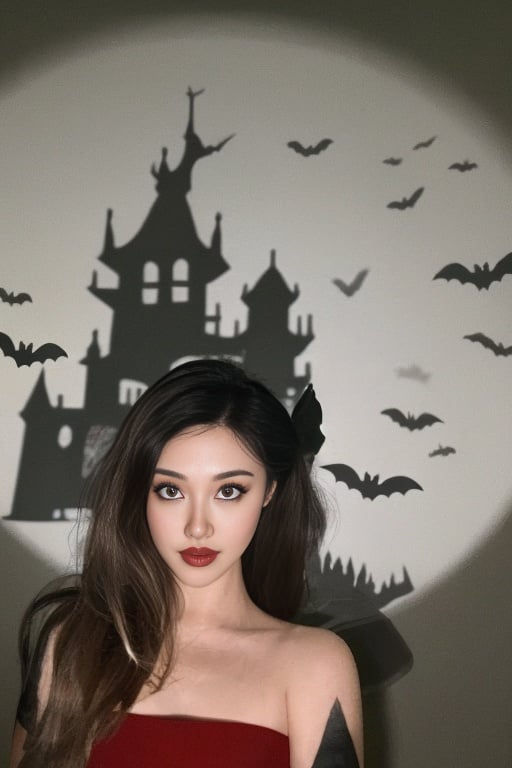 <lora:万圣节剪影照-000005:0.9>,(best quality, masterpiece:1.1),silhouette,a vampire girl with red dress,solo,bat \(animal\),long hair,looking at viewer,black hair,black dress,shadow,black eyes,lips,brown hair,tattoo,dress,halloween,armpits,Behind the wall are silhouettes of demons,bats,castles,and sickle hands,