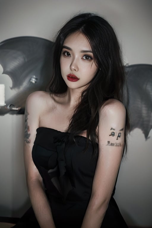 <lora:万圣节剪影照-000005:0.9>,<lora:new_whitegirls:0.6>,(best quality, masterpiece:1.1),1girl,solo,bat \(animal\),long hair,looking at viewer,black hair,black dress,shadow,black eyes,lips,brown hair,tattoo,dress,Demon Shadow on the Wall,halloween,armpits,arms up,upper body,strapless,