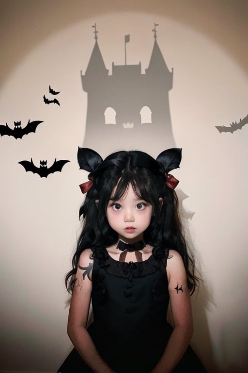 <lora:万圣节剪影照-000005:0.9>,(best quality, masterpiece:1.1),silhouette,a little girl is wearing a red dress,solo,bat \(animal\),long hair,looking at viewer,black hair,black dress,shadow,black eyes,lips,brown hair,tattoo,dress,halloween,armpits,Behind the wall are silhouettes of demons,bats,castles,and sickle hands,