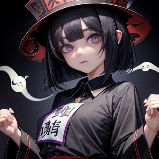 <lora:万圣节可爱头像-000005:0.3>,1girl,black hair,solo,hat,ghost,ofuda,long sleeves,bangs,jiangshi,upper body,shirt,looking at viewer,purple background,black eyes,black headwear,short hair,collared shirt,simple background,shadow,hitodama,