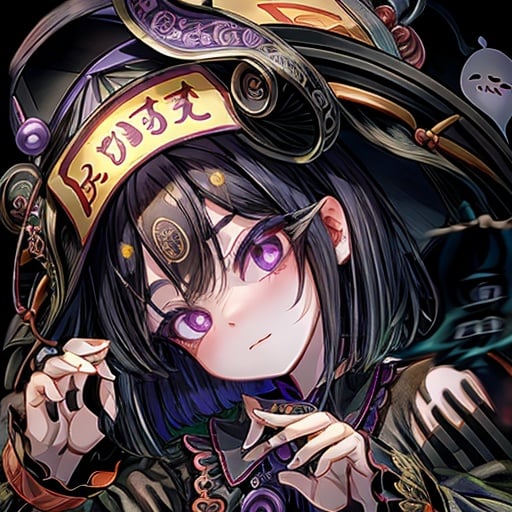 <lora:万圣节可爱头像-000009:1.1>,1girl,black hair,solo,hat,ghost,ofuda,long sleeves,bangs,jiangshi,upper body,shirt,looking at viewer,purple background,black eyes,black headwear,short hair,collared shirt,simple background,shadow,hitodama,