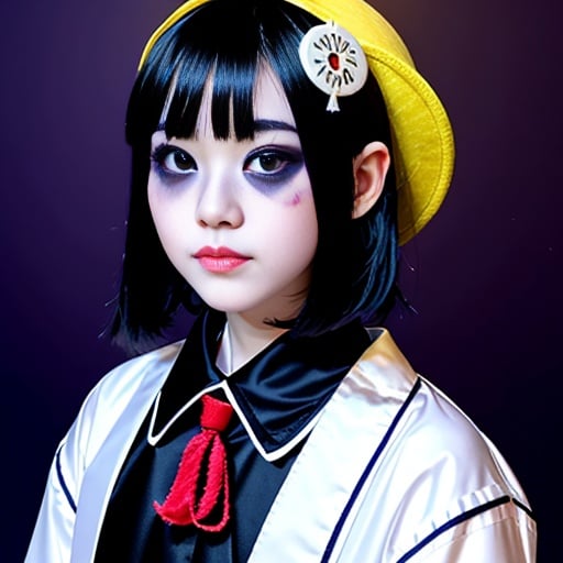 <lora:万圣节可爱头像-000001:1>,1girl,black hair,solo,hat,ghost,ofuda,long sleeves,bangs,jiangshi,upper body,shirt,looking at viewer,purple background,black eyes,black headwear,short hair,collared shirt,simple background,shadow,hitodama,