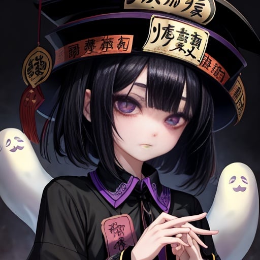 <lora:万圣节可爱头像-000002:0.9>,1girl,black hair,solo,hat,ghost,ofuda,long sleeves,bangs,jiangshi,upper body,shirt,looking at viewer,purple background,black eyes,black headwear,short hair,collared shirt,simple background,shadow,hitodama,