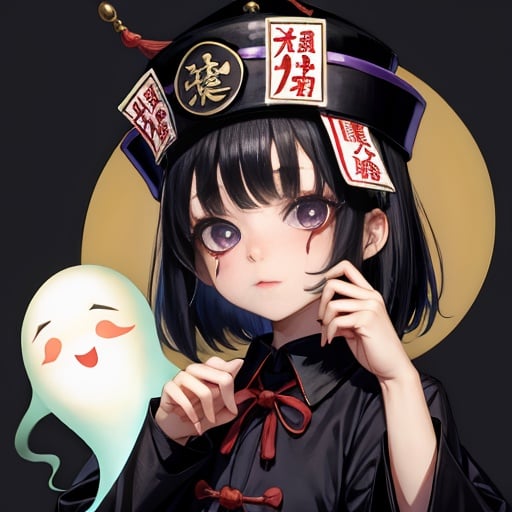 <lora:万圣节可爱头像-000001:1>,1girl,black hair,solo,hat,ghost,ofuda,long sleeves,bangs,jiangshi,upper body,shirt,looking at viewer,purple background,black eyes,black headwear,short hair,collared shirt,simple background,shadow,hitodama,