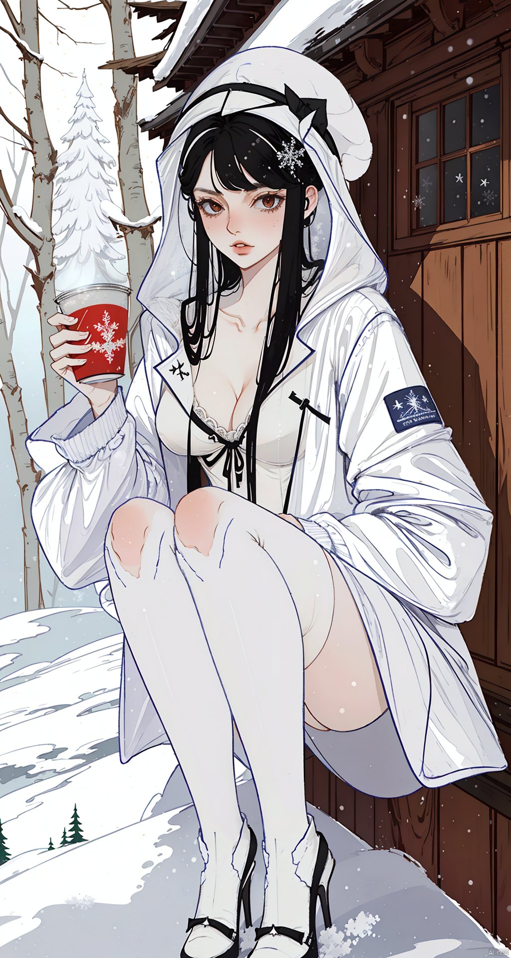  Full-body, (1girl in the Snow:1.4), black hair, White plush hat with Elk horn decoration, Holding a cup in hand, White sling, collarbone, cleavage, (white windbreaker:1.4), (black knee length stockings:1.4,)
Shinypantyhose, black high heeled boots, winter, snow, forest, sunshine, distant red cabin, Dingdal light, warm sunshine, HD 16k, snow, winter, light master,