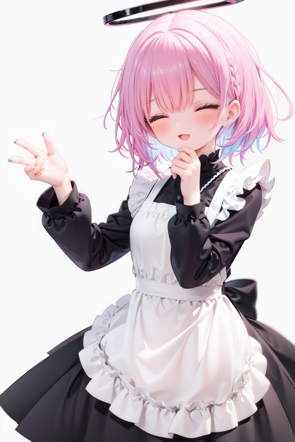  1girl, solo, apron, halo, hair over one eye, closed eyes, smile, white background, dress, white apron, simple background, long sleeves, multicolored hair, braid, open mouth, blue hair, alternate costume, blush, bangs, :d, pink hair, black dress, ribbon, frilled dress, enmaided, short hair, hand up, colored inner hair