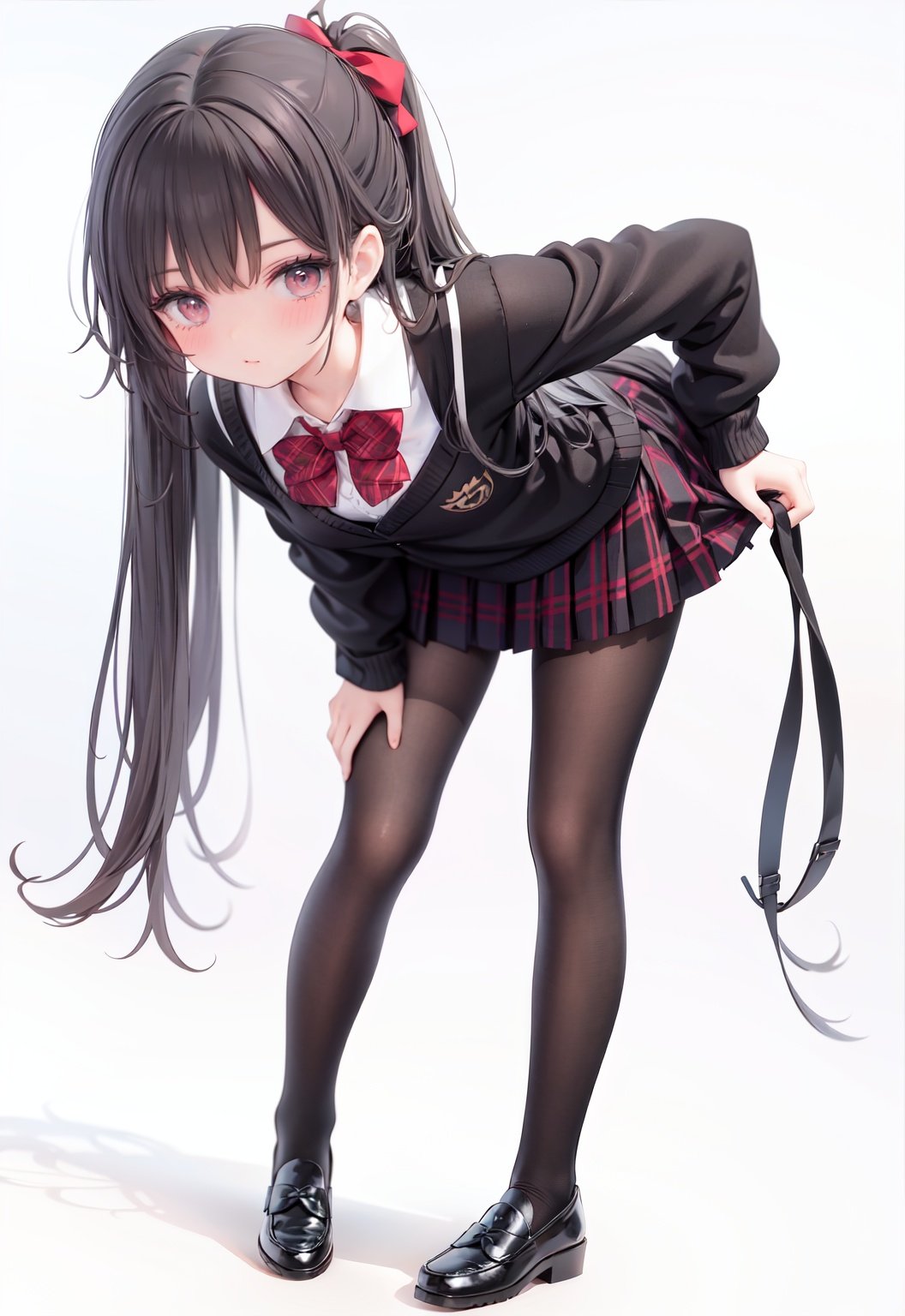  1girl, solo, pantyhose, skirt, long hair, loafers, shoes, simple background, school uniform, brown eyes, plaid, black pantyhose, plaid skirt, looking at viewer, black hair, pantyhose pull, full body, clothes pull, black footwear, pleated skirt, leaning forward, bangs, long sleeves, bent over, cardigan, bow, bowtie, standing, closed mouth, pulled by self, grey background, blush, miniskirt, red bow, sweater, undressing