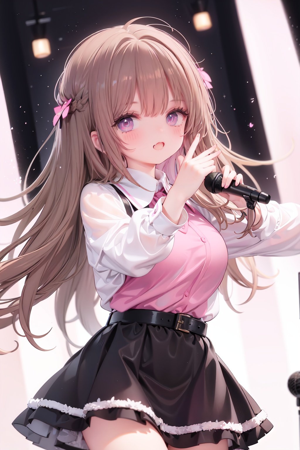  1girl, solo, microphone, smile, skirt, blush, brown eyes, long hair, open mouth, looking at viewer, brown hair, long sleeves, :d, shirt, bangs, belt, breasts, pink shirt, outstretched arm, music, black belt, medium breasts, holding microphone, singing