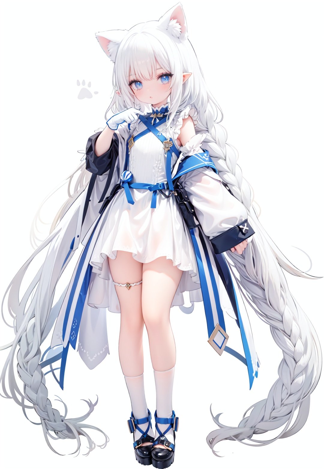  1girl, white_gloves, braid, full_body, gloves, long_hair, official_alternate_costume, pointy_ears, simple_background, solo, standing, very_long_hair, white_background, white hair, blue eyes, paw claw pose, open_mouth