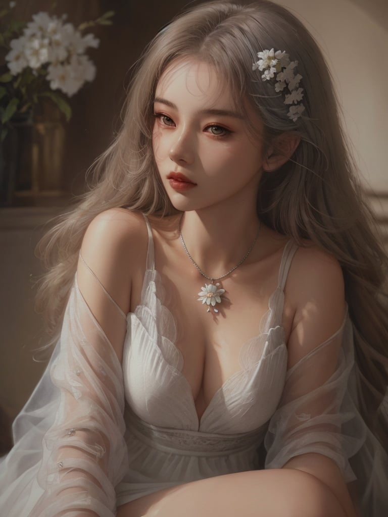  oil painting of a woman with a (Angora\(cat\)), lying, detailed painting inspired by Charlie Bowater, blooming exquisite necklace, 4 k detailed fantasy, white silver painting, her face is a lilac flower, dreamland, watercolor