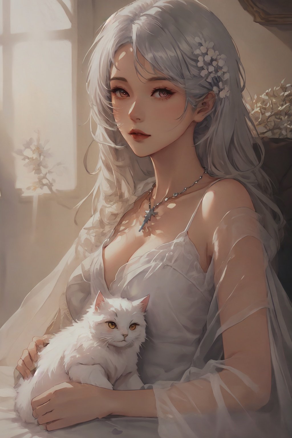  oil painting of a woman with a (Angora\(cat\)), lying, detailed painting inspired by Charlie Bowater, blooming exquisite necklace, 4 k detailed fantasy, white silver painting, her face is a lilac flower, dreamland, watercolor