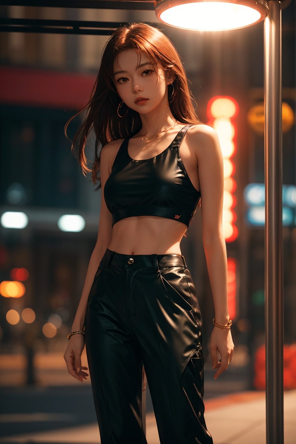  1girl,full_body,highly realistic,glassy translucence,blink-and-you-miss-it detail,Sci-fi light effects,OVERHEAD SPOTLIGHT BEAM,trousers,National wind current,jewelry,bar,glass bottle,(((red top))),