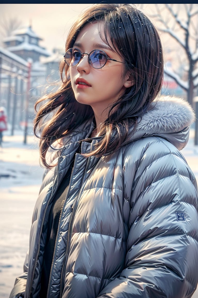 (masterpiece, best quality, ultra-detailed, 8K),beautiful girl standing in snow park,:),bobcut,(close-up on face),sunglasses,(blue winter jacket),(colorful),cinematic lighting,kwon-nara,han-hyoju