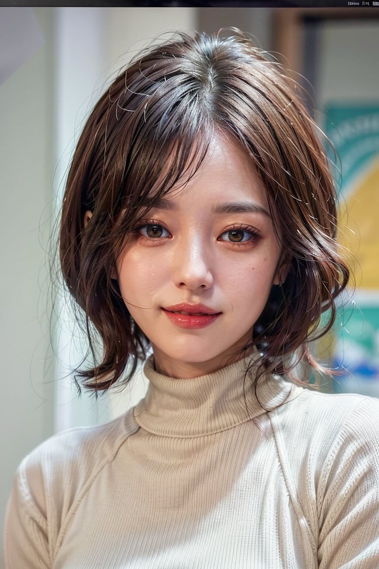 (masterpiece, best quality, ultra-detailed, 8K),girl in snow park,gentle smile,black bob_cut,(close-up),high neck knit sweater,(colorful scene),rembrandt lighting,han-hyoju