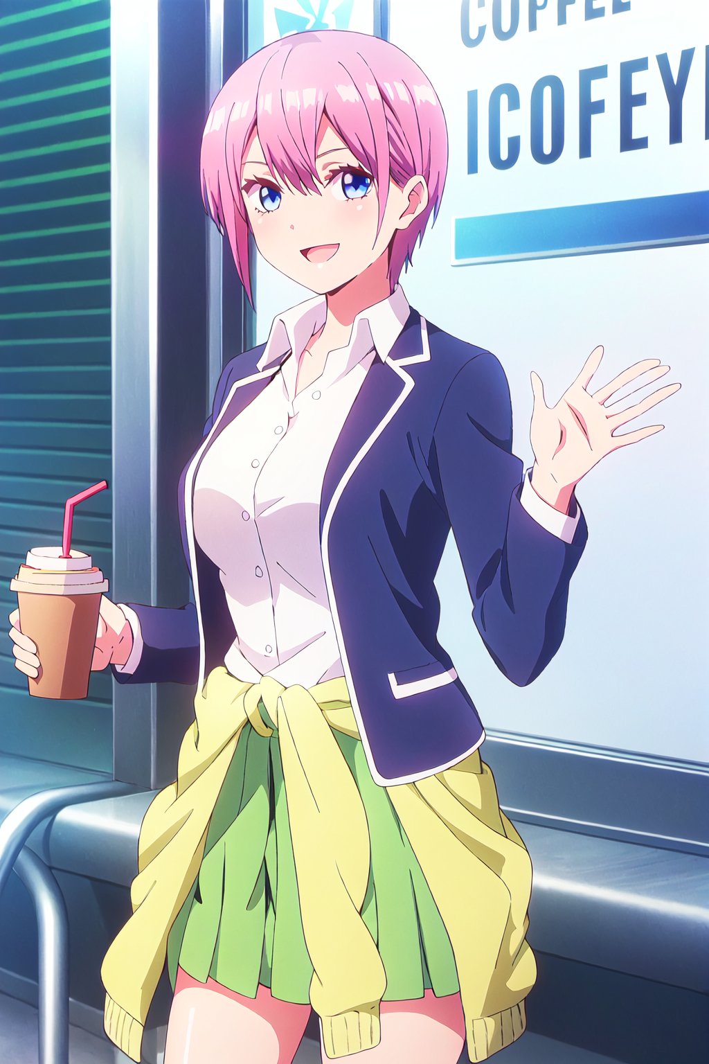 ichika,1girl, solo, shirt, green skirt, skirt, clothes around waist, pink hair, short hair, white shirt, bangs, jacket, smile, bag, holding, blue eyes, open mouth, waving, collared shirt, pleated skirt, hair between eyes, looking at viewer, :d, dress shirt, school uniform, drinking straw, cup, breasts, standing, holding cup, open clothes, cowboy shot, cardigan, disposable cup, miniskirt, long sleeves, cardigan around waist, hand up, open jacket, sweater around waist, shiny, sweater, blue jacket, shiny hair

high quality,best quality,ultra detailed,masterpiece,

