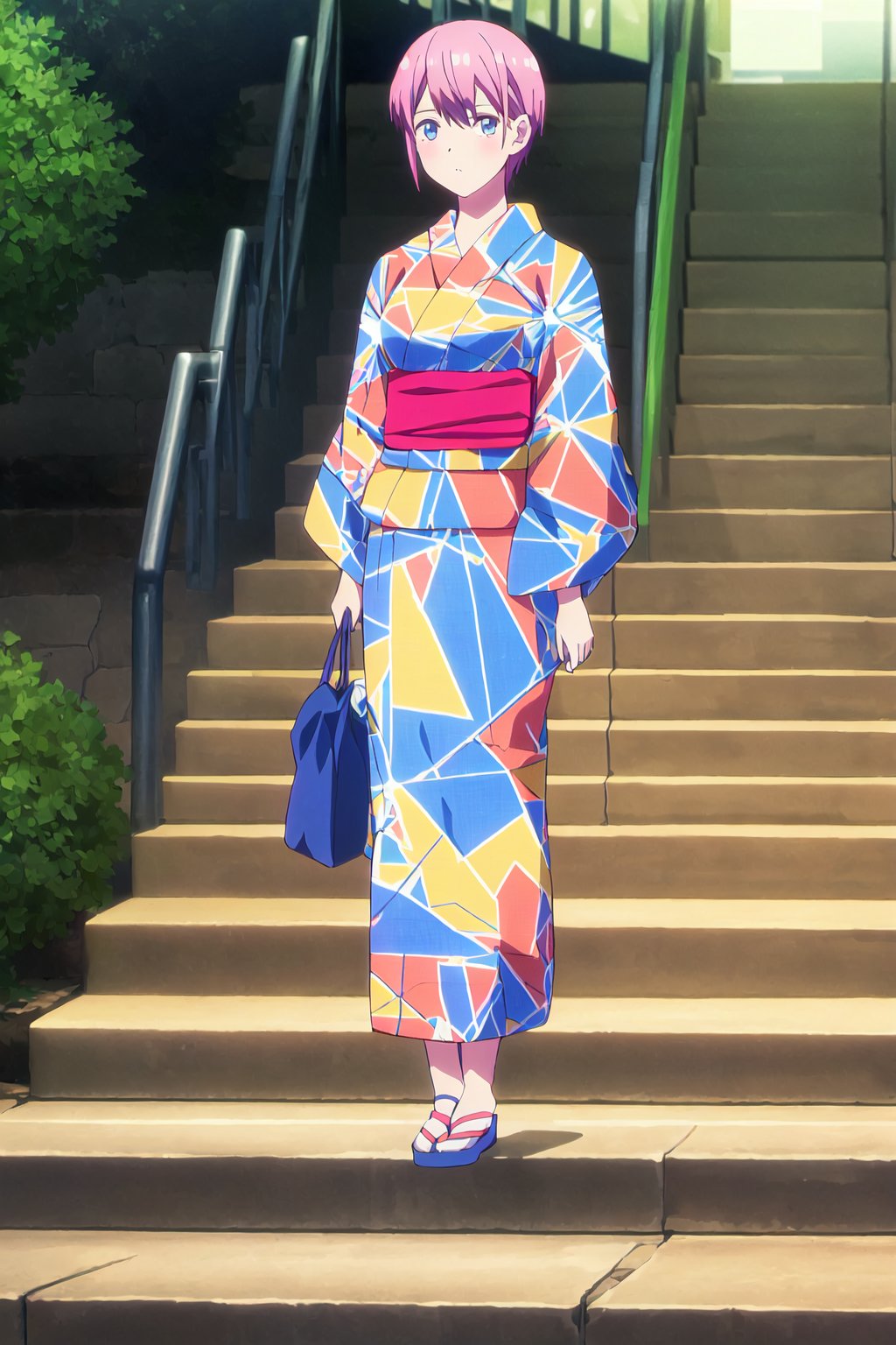 ichika,1girl, solo, japanese clothes, short hair, kimono, blue eyes, looking at viewer, pink hair, sandals, yukata, standing, holding, bag, full body, holding bag, sash, obi, bangs, stairs, blue kimono

high quality,best quality,ultra detailed,masterpiece,

