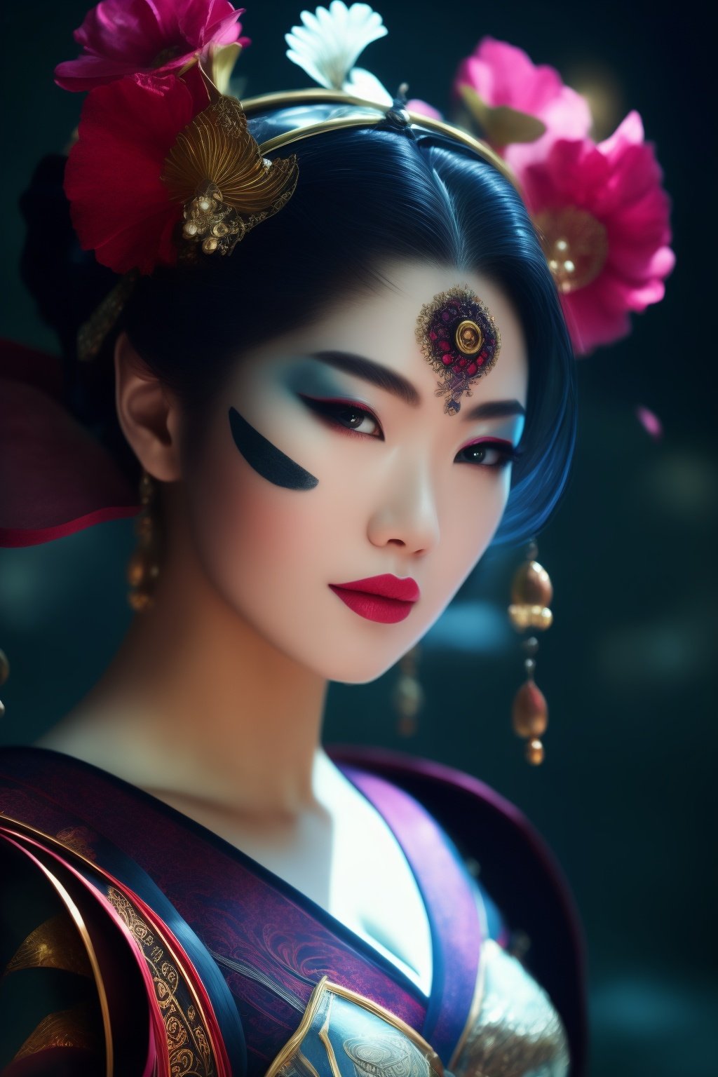 (best quality, 8K, ultra-detailed, masterpiece), (cinematic montage, traditional animation), Create a captivating 8K masterpiece that seamlessly blends the grace of a geisha with the aesthetics of futuristic robots. The geisha should wear intricate body-painting, featuring delicate flowers on her face, representing a unique fusion of tradition and innovation. Emulate the style of an appropriation artist, using cinematic montages and traditional animation techniques to convey a dynamic anime-inspired scene. Incorporate elements from schlieren photography to infuse an otherworldly, ethereal quality into the composition. This artwork should serve as a true masterpiece, offering a mesmerizing journey through the realms of art, culture, and technology.