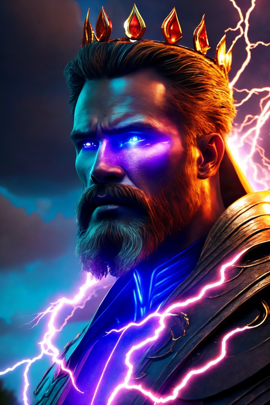 (best quality, UHD, ultra-detailed, masterpiece), (ultra-realistic, photorealistic), A breathtaking UHD portrait depicting the imposing Thunder God, his electrifying lightning strikes illuminating the sky in vibrant violet and cyan hues. Rendered with the precision of the Luminous Studio graphics engine and the brilliance of Octane render, the scene is enveloped in a cloudy haze, with fiery embers dancing around his thunderous crown.