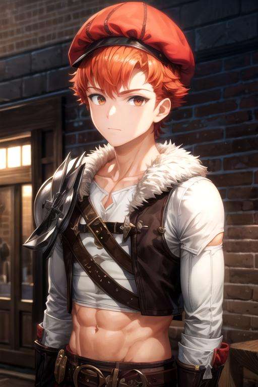 masterpiece, best quality, game cg, 1boy, solo, male focus, looking at viewer, , depth of field, ligne claire, , <lora:lent_marslink:0.74>, lent_marslink, orange hair, brown eyes, , newsboy cap, ,