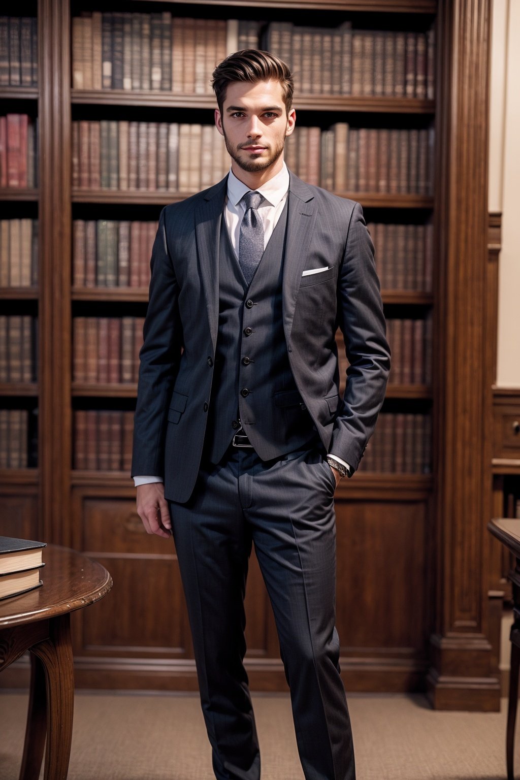 Realistic ,Fullbody Portrait , handsome male , library editor