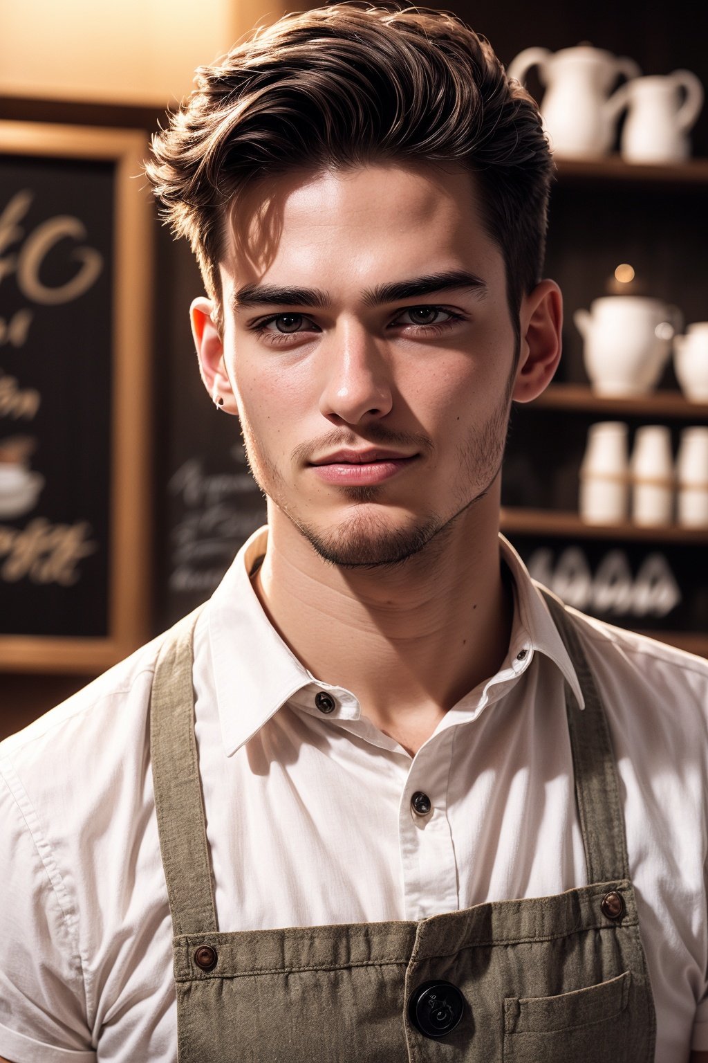 Realistic ,Portrait , handsome male yellow gree hair,  Elegant coffee shop barista 