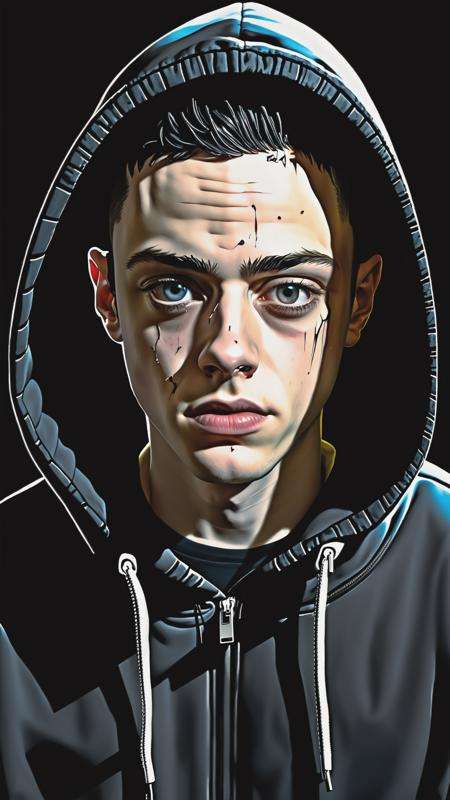 (Elliot Alderson) in a psychotic attack, Elliot Alderson from mr robot, Mr robot, (photorealistic), photo, ultra detailed photo, serious face, close up of Elliot Anderson, (splitted personality, shattering skin, computer glitch effect), paranoic photo, dark athmosphere, black hoodie, serious face