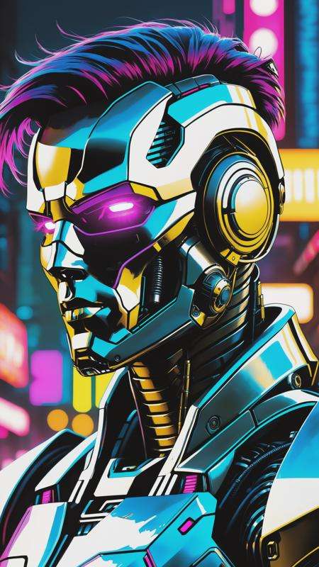 synthwave style, A portrait of a synth AI Terminator Machine Model T-3000, a futuristic cyberpunk comic style art, menacing overall appearance, strong with a unique high tech metal style armor, short hair, contrasts against the bloodstains across his face, highly detailed, 8k resolution, in focus, photo realistic, 90's style cyberpunk painting, sharp focus, ethereal lighting