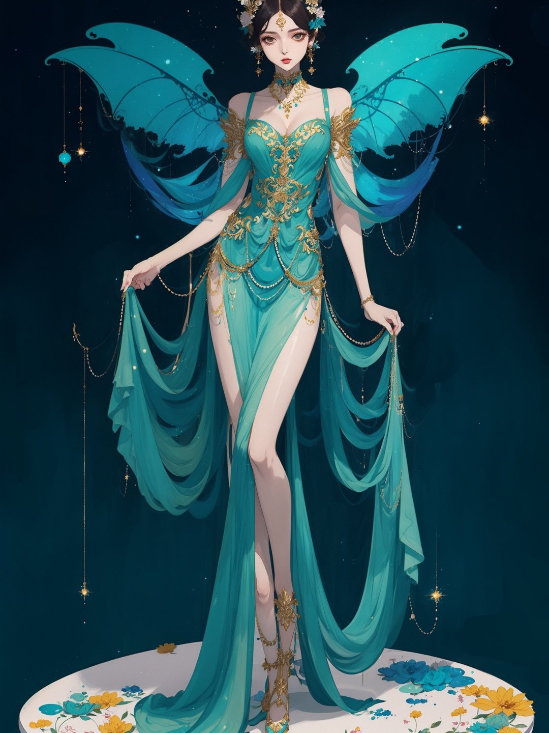 1girl,wings,full body,long dress,blue green theme,(((masterpiece,best quality))),((good structure)),((Good composition)), ((clear, original,beautiful))