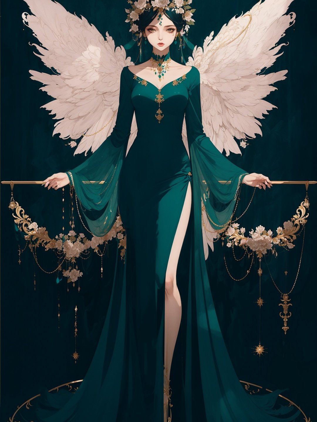 1girl,wings,full body,long dress,blue green theme,(((masterpiece,best quality))),((good structure)),((Good composition)), ((clear, original,beautiful))