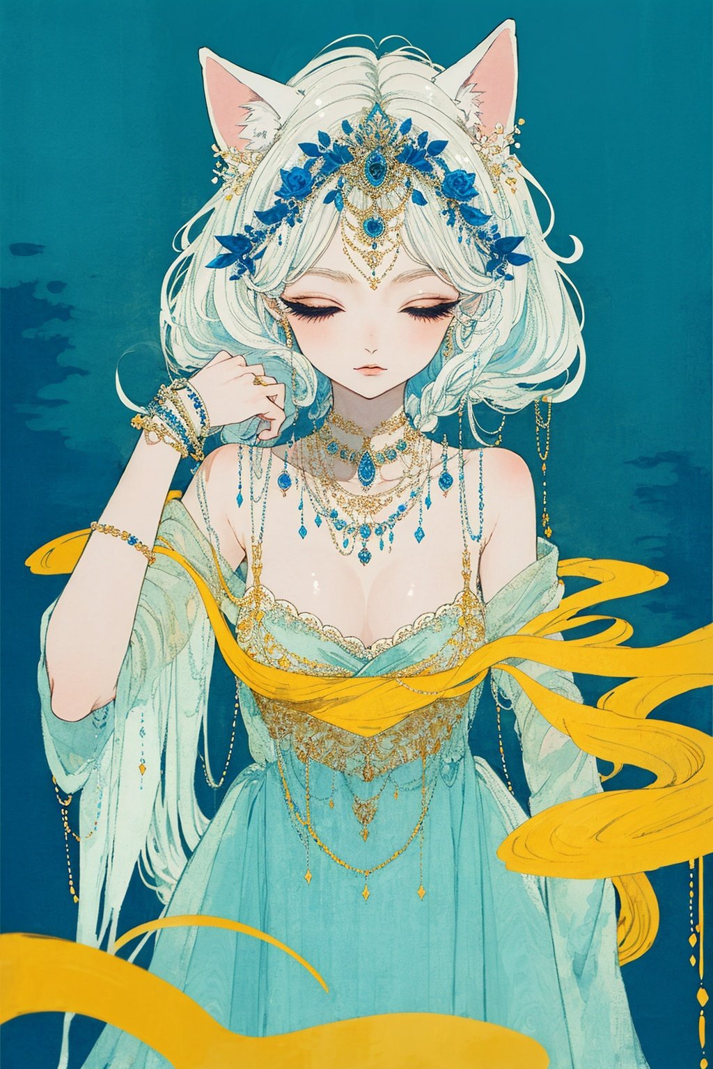  (((masterpiece, best quality))), ,1girl,long dress,,blue yellow theme,white hair,cat ears,