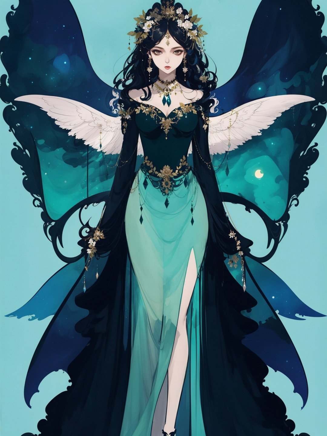 1girl,wings,full body,long dress,blue green theme,(((masterpiece,best quality))),((good structure)),((Good composition)), ((clear, original,beautiful))