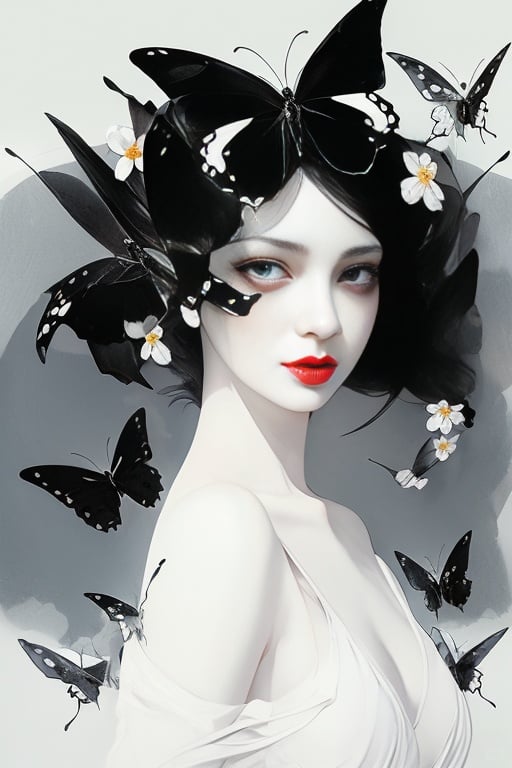 <lora:水墨人像-v1:0.6>,Ink painting,1girl,butterfly,bug,solo,flower,red lips,covered eyes,black hair,portrait,white butterfly,closed mouth,lips,simple background,collarbone,white background,