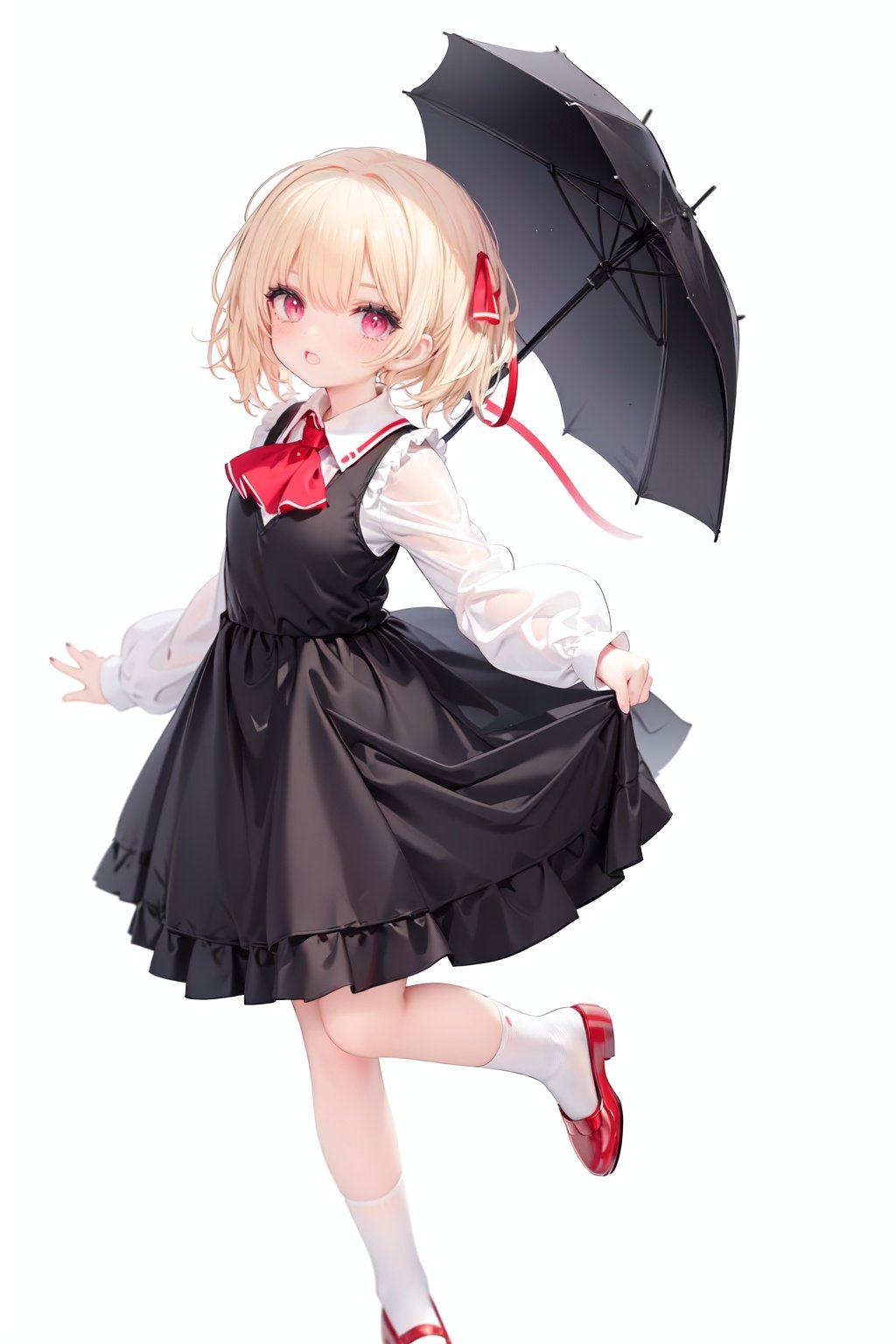  1girl, rumia, blonde hair, solo, white background, red eyes, red footwear, simple background, ascot, short hair, ribbon, open mouth, hair ribbon, smile, long sleeves, shirt, looking at viewer, red ascot, white socks, white shirt, red ribbon, shoes, socks, frills, bangs, outstretched arms, hair between eyes, skirt, :d, dress, vest, mary janes, black dress, black skirt, collared shirt, black vest, blush