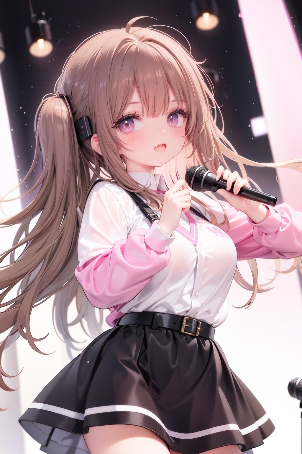  1girl, solo, microphone, smile, skirt, blush, brown eyes, long hair, open mouth, looking at viewer, brown hair, long sleeves, :d, shirt, bangs, belt, breasts, pink shirt, outstretched arm, music, black belt, medium breasts, holding microphone, singing