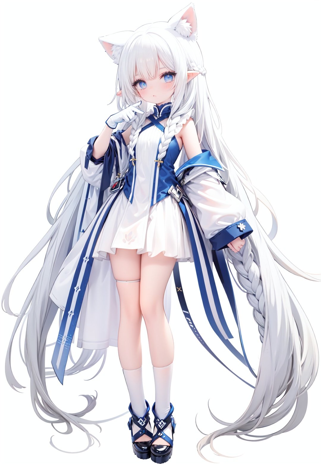  1girl, white_gloves, braid, full_body, gloves, long_hair, official_alternate_costume, pointy_ears, simple_background, solo, standing, very_long_hair, white_background, white hair, blue eyes, paw claw pose, open_mouth