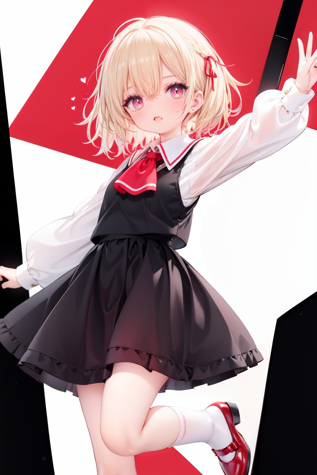  1girl, rumia, blonde hair, solo, white background, red eyes, red footwear, simple background, ascot, short hair, ribbon, open mouth, hair ribbon, smile, long sleeves, shirt, looking at viewer, red ascot, white socks, white shirt, red ribbon, shoes, socks, frills, bangs, outstretched arms, hair between eyes, skirt, :d, dress, vest, mary janes, black dress, black skirt, collared shirt, black vest, blush