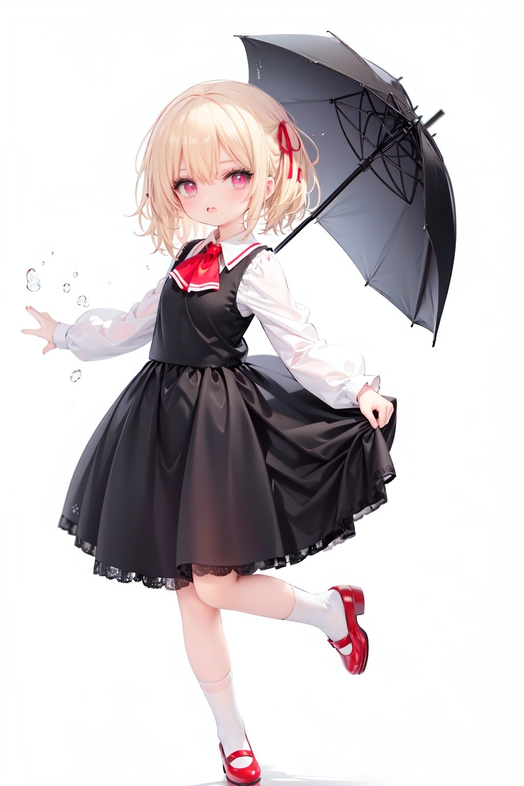  1girl, rumia, blonde hair, solo, white background, red eyes, red footwear, simple background, ascot, short hair, ribbon, open mouth, hair ribbon, smile, long sleeves, shirt, looking at viewer, red ascot, white socks, white shirt, red ribbon, shoes, socks, frills, bangs, outstretched arms, hair between eyes, skirt, :d, dress, vest, mary janes, black dress, black skirt, collared shirt, black vest, blush