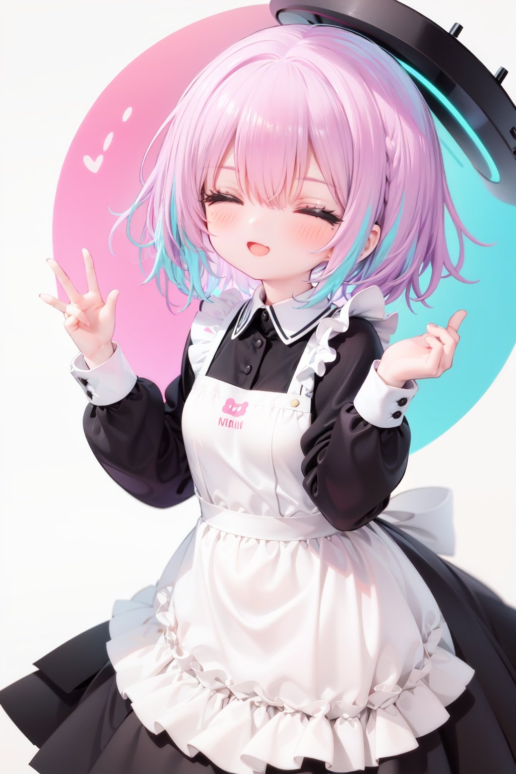  1girl, solo, apron, halo, hair over one eye, closed eyes, smile, white background, dress, white apron, simple background, long sleeves, multicolored hair, braid, open mouth, blue hair, alternate costume, blush, bangs, :d, pink hair, black dress, ribbon, frilled dress, enmaided, short hair, hand up, colored inner hair