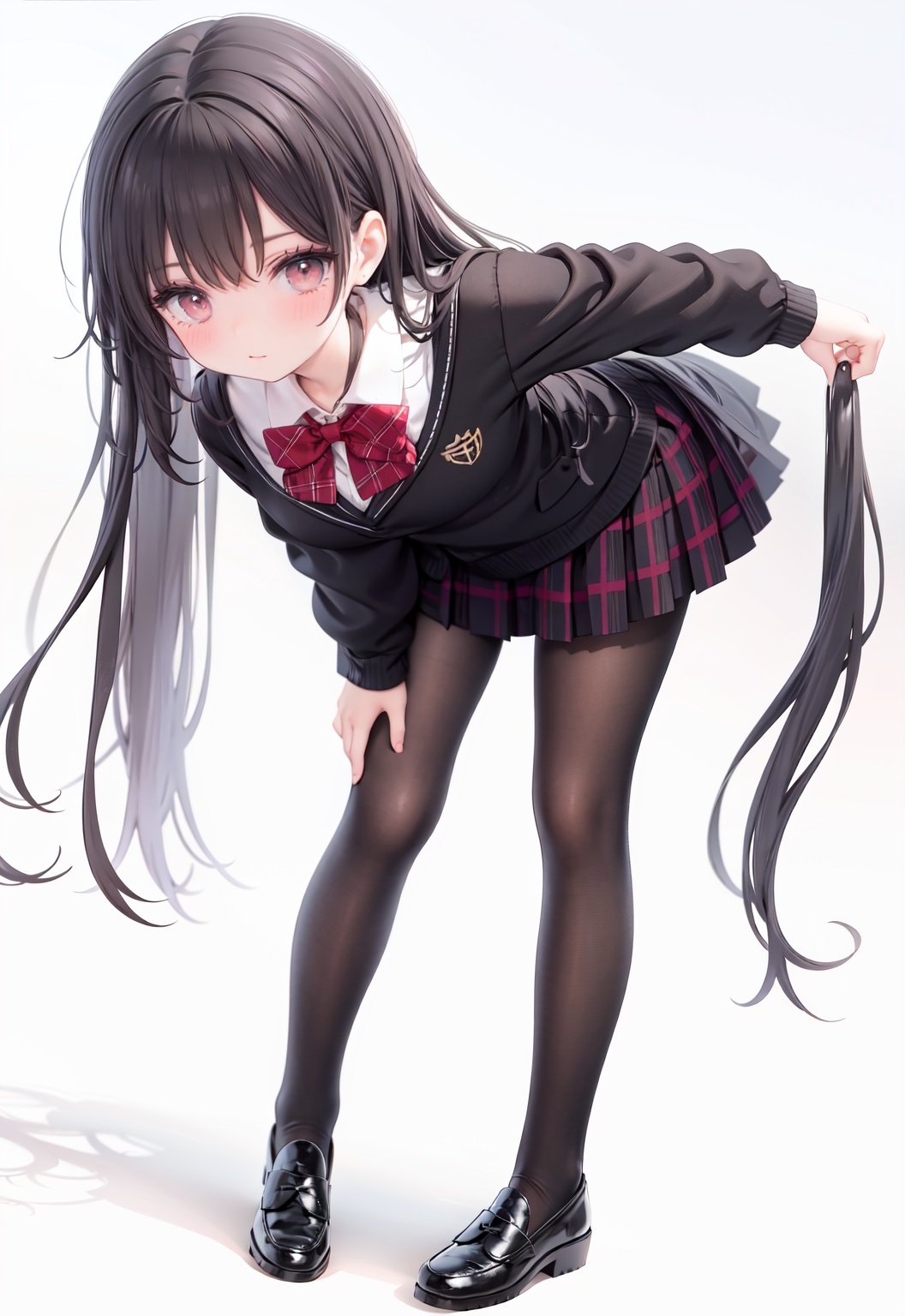  1girl, solo, pantyhose, skirt, long hair, loafers, shoes, simple background, school uniform, brown eyes, plaid, black pantyhose, plaid skirt, looking at viewer, black hair, pantyhose pull, full body, clothes pull, black footwear, pleated skirt, leaning forward, bangs, long sleeves, bent over, cardigan, bow, bowtie, standing, closed mouth, pulled by self, grey background, blush, miniskirt, red bow, sweater, undressing