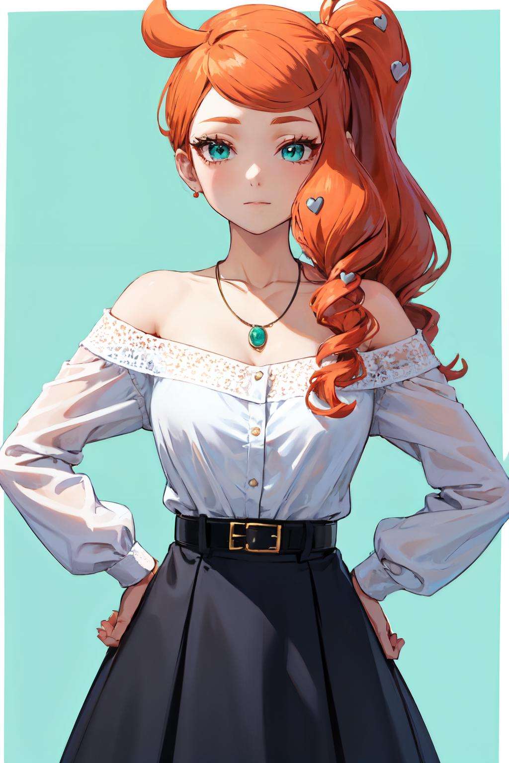 sonia, jewelry, necklace, 1girl, collarbone, closed mouth, see-through, aqua eyes, orange hair, belt, heart hair ornament,  hands on hips, off-shoulder shirt, off shoulder, skirt, looking at viewer, eyelashes, white border, long sleeves, border, black skirt, solo, long hair <lora:sonia:1> 