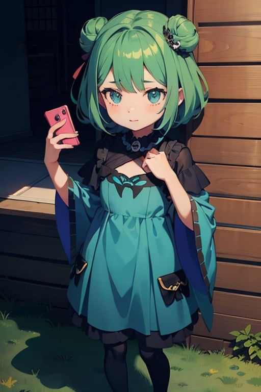 (masterpiece, best quality:1.2), 1girl, anime girl with green hair and blue dress  holding a cell phone, anime girl with teal hair, anime visual of a cute girl, mikudayo, portrait of an anime girl, anime moe artstyle, marin kitagawa fanart, young anime girl, small curvy loli, cute anime waifu in a nice dress, portrait of cute anime girl, made with anime painter studio
,full body