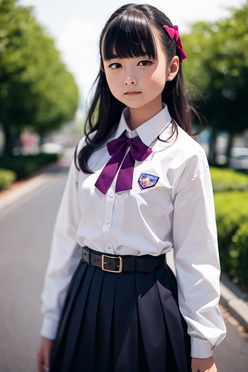 masutepiece, Best Quality, {Best Quality}, {{masutepiece}}, {hight resolution}, Illustration, 1girl in, Inoue Takina, Long hair, Bangs, Black hair, (Purple eyes:1.2), blush, Shirt, Long sleeves, Dress, bow ribbon, School uniform, White shirt, Collared shirt, Belt bag, Neck ribbon, Blue Dress, Green Ribbon, pleated dress, grey dress, two-tone dress, Blue belt, Lycoris Uniform, Looking at Viewer