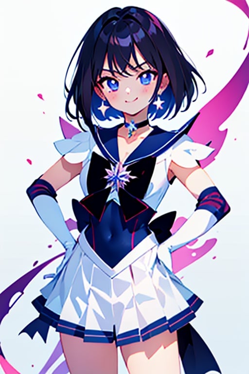 (masterpiece, best quality:1.2), , solo, 1girl, sailor saturn, magical girl, smile, closed mouth, looking at viewer, hand on hip, tiara, sailor senshi uniform, pleated skirt, elbow gloves, jewelry, brooch, choker