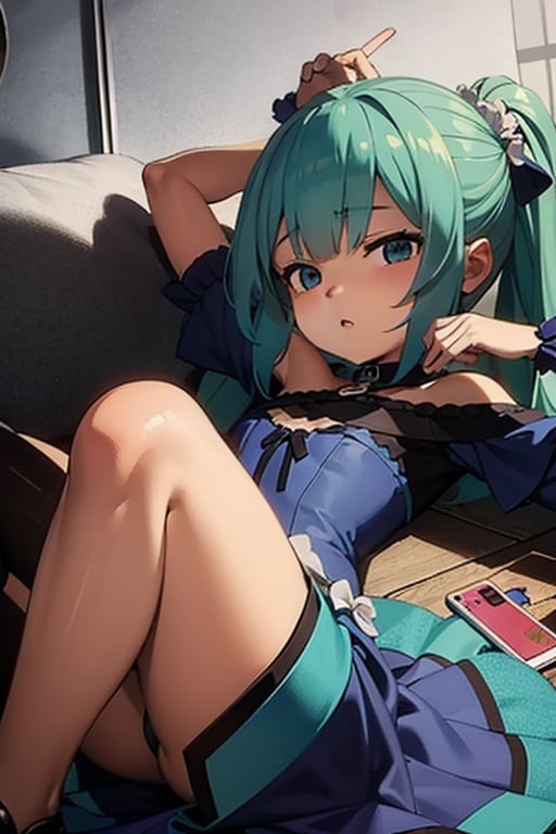 (masterpiece, best quality:1.2), 1girl, anime girl with green hair and blue dress  holding a cell phone, anime girl with teal hair, anime visual of a cute girl, mikudayo, portrait of an anime girl, anime moe artstyle, marin kitagawa fanart, young anime girl, small curvy loli, cute anime waifu in a nice dress, portrait of cute anime girl, made with anime painter studio
,full body